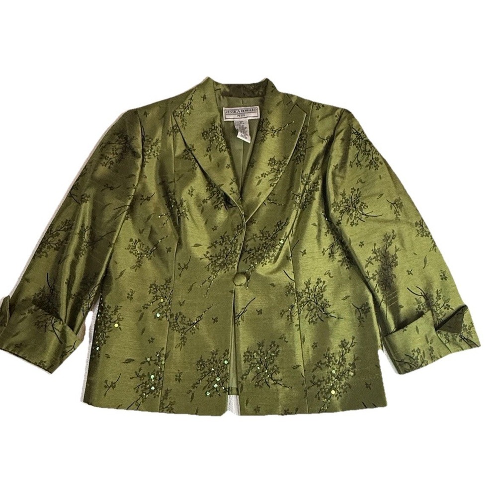 Jessica Howard Petite 10P Green Jacquard Blazer Y2K Career Quiet‎ Luxury